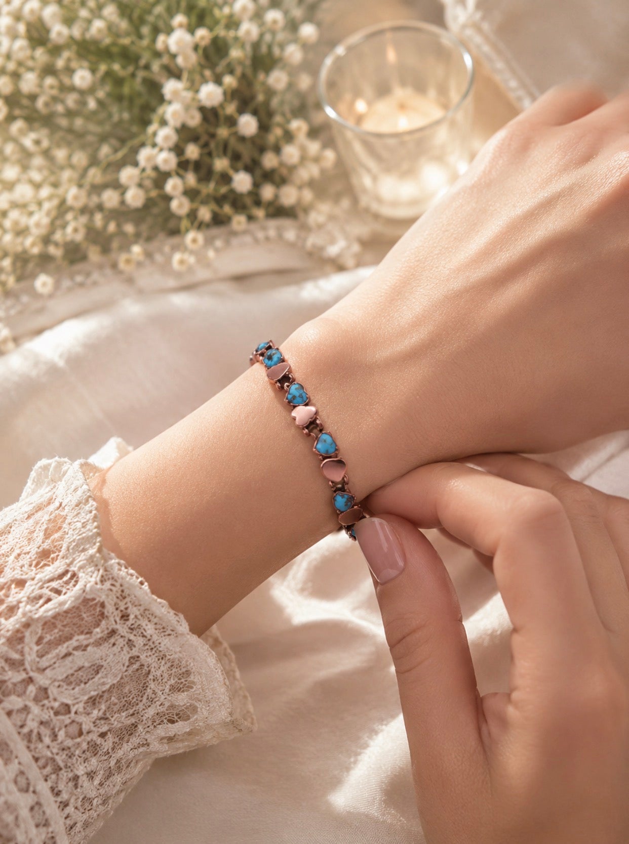 Vintage Armband med Hjärtan & Turkosa Stenar